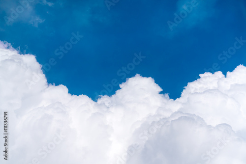 Blue sky above dense cloud, view from plane, with copy space at the middle