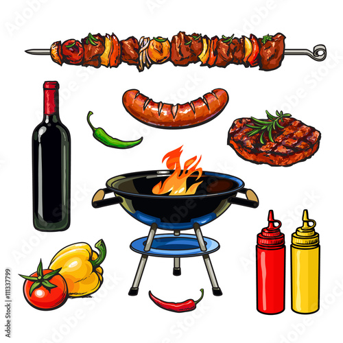 Set barbecue, vector sketch drawn by hand, isolated on a white background, sketch kebab meat sausage steak with sauce, barbecue grill meat with vegetables and wine, fried foods on grill with peppers