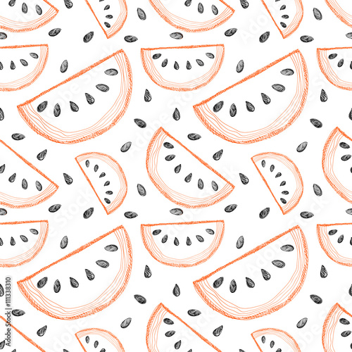 Seamless vector pattern with hand drawn fruits. Background with piece of watermelons. Series of Cartoon, Doodle, Sketch and Hand drawn Seamless Patterns.