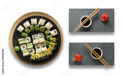 Set of sushi maki and rolls isolated at white.