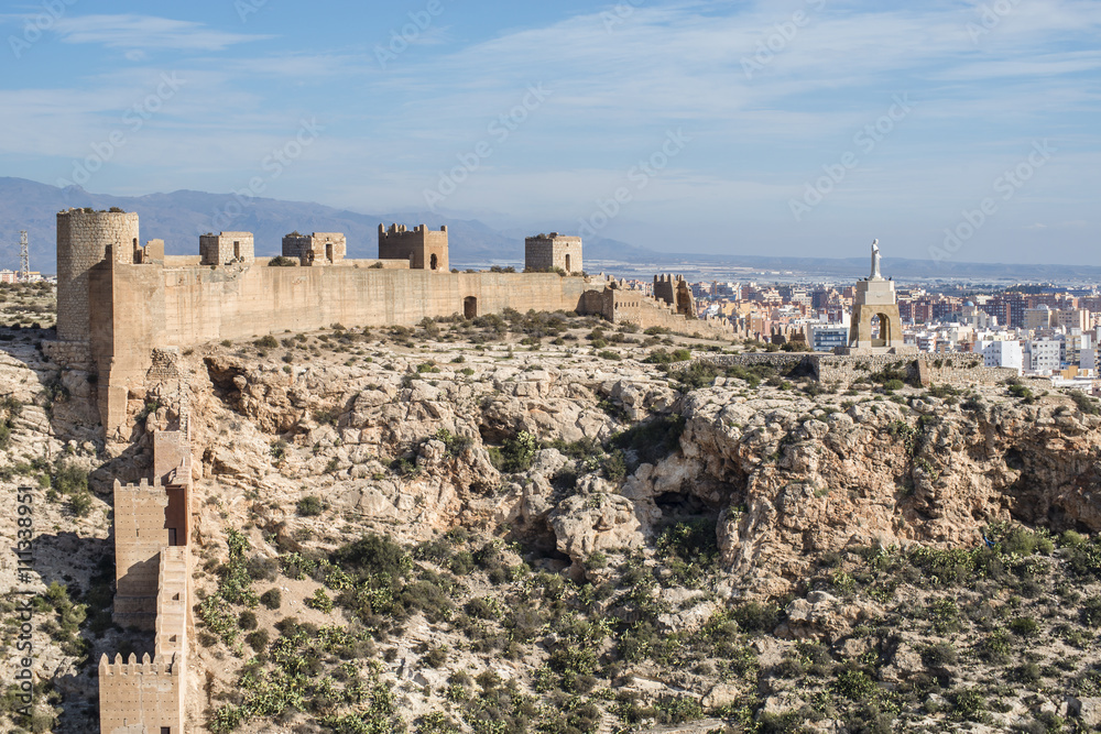 Panoramic view from Alcazaba of the Moorish Castle and ancient walls of Jayran. Almeria, Andalusia, Spain.