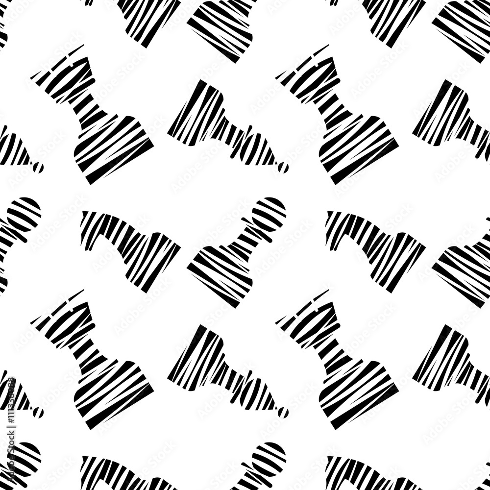 Seamless vector chaotic pattern with black decorative lined chess pieces. Black and white background. Series of Gaming and Gambling Patterns. Seamless vector chaotic pattern with black decorative lined chess pieces. Black and white background. Series of Gaming and Gambling Patterns.
