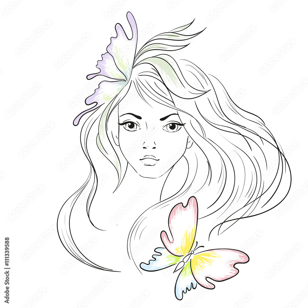 Beautiful girl with long hair. Line art vector illustration Stock ...