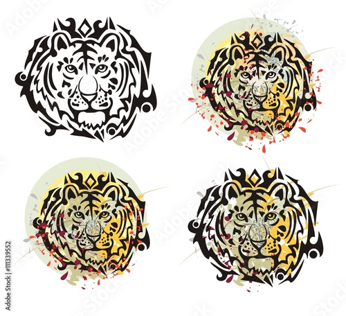 Fototapeta Naklejka Na Ścianę i Meble -  Tribal tiger head splashes. Grunge tiger head with floral splashes and blood drops opposite to the decorative sun. Four options