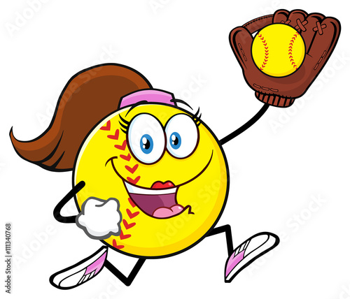 Girly Softball Cartoon Character Running With Glove And Ball