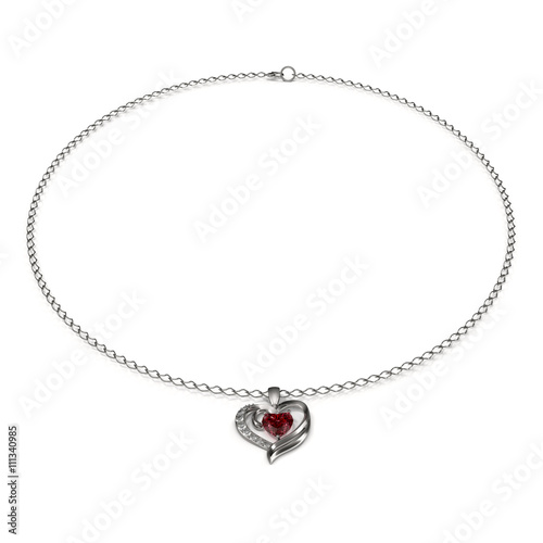 Ruby Heart Necklace Isolated on White 3D Illustration