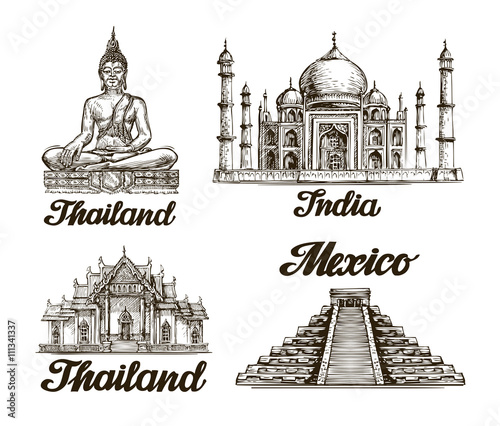Travel. Hand drawn sketch of India, Thailand, Mexico. Vector illustration