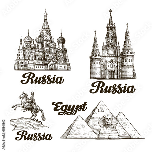 Travel. Hand drawn sketch Russia, Egypt. Vector illustration