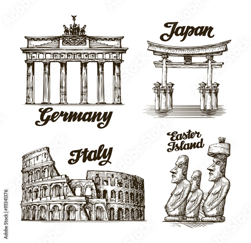 Travel. Hand drawn sketch Germany, Japan, Italy, Easter island. Vector illustration