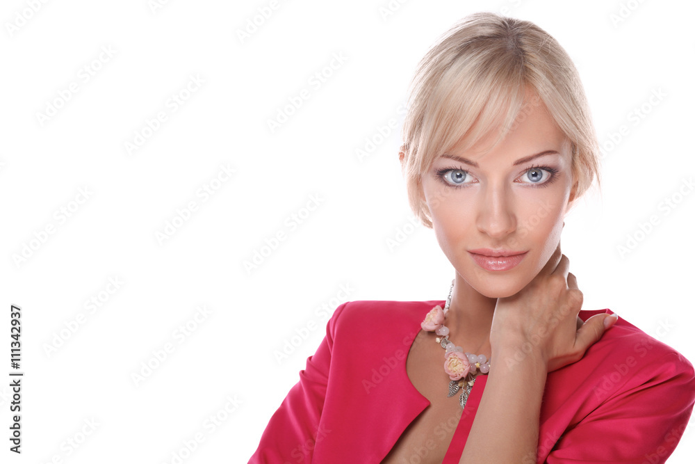 Portrait of young woman with beads, isolated on white background Portrait of young woman with beads, isolated on white background