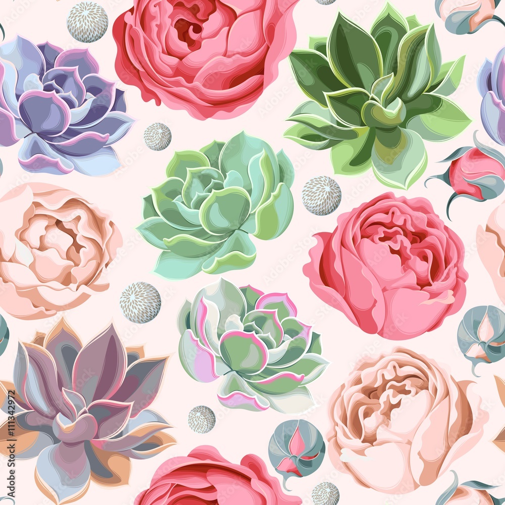 Seamless succulent and peony roses