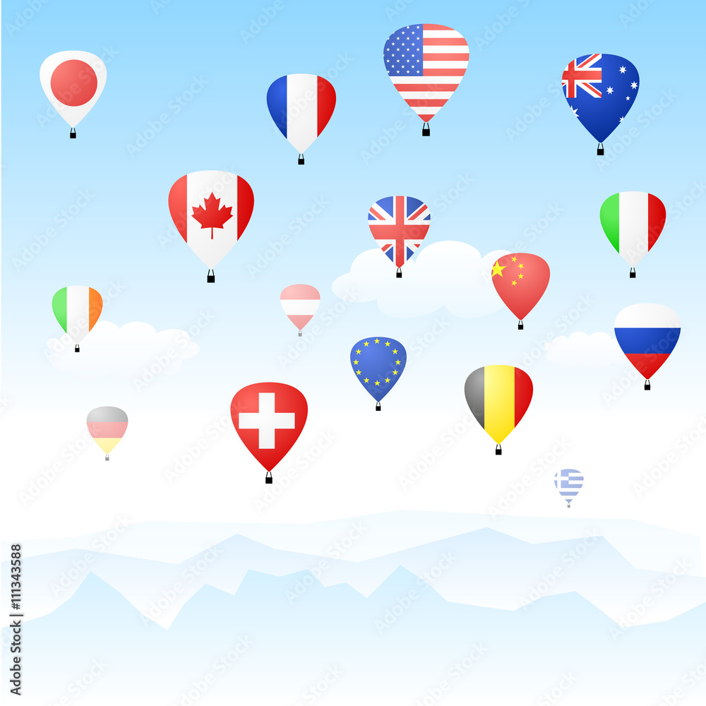 Floating hot air balloons depicting national flags