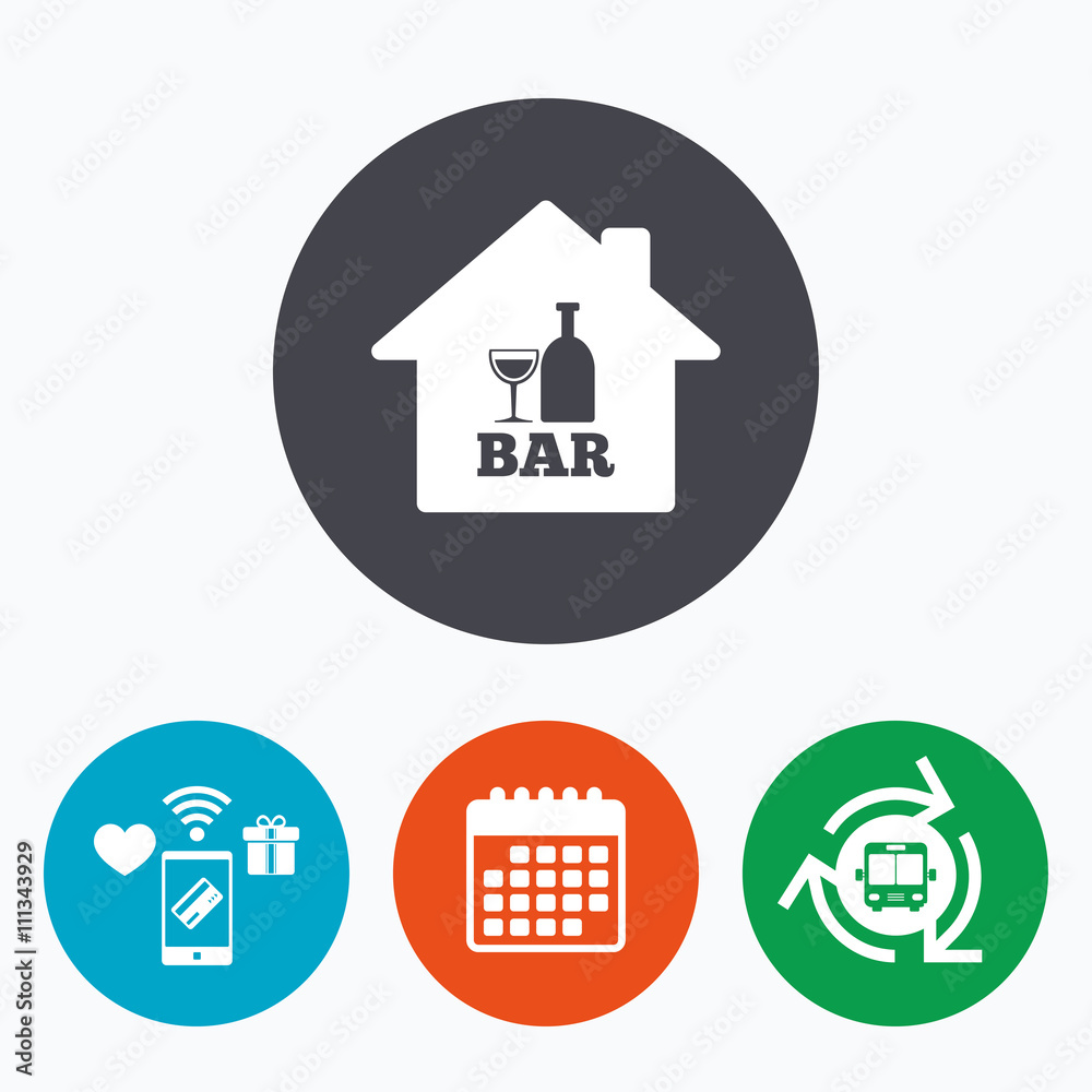Bar or Pub sign icon. Wine bottle and Glass. Bar or Pub sign icon. Wine bottle and Glass.