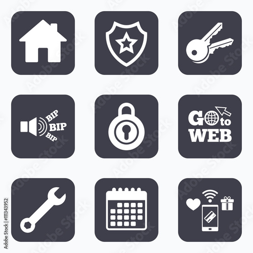 Home key icon. Wrench service tool symbol.