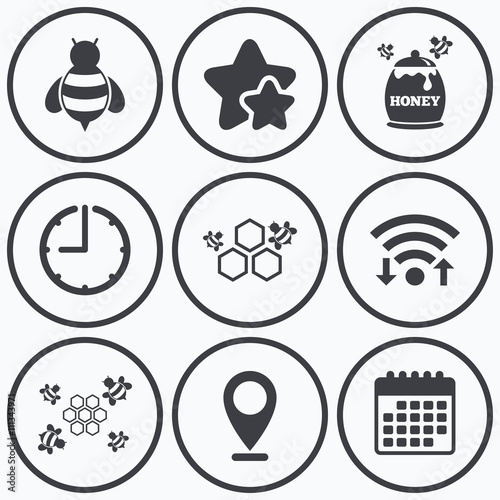 Honey icon. Honeycomb cells with bees symbol.