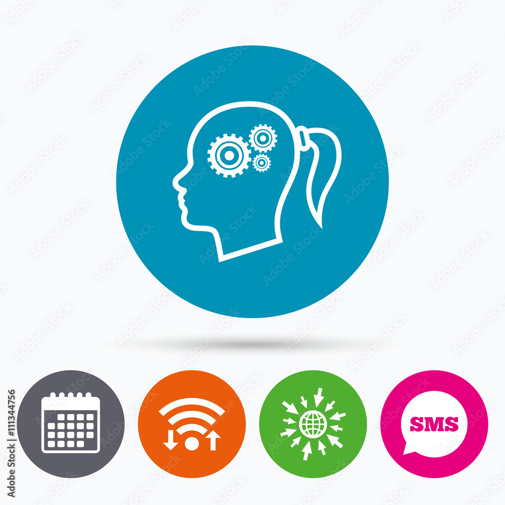 Head with gears sign icon. Female woman head Head with gears sign icon. Female woman head