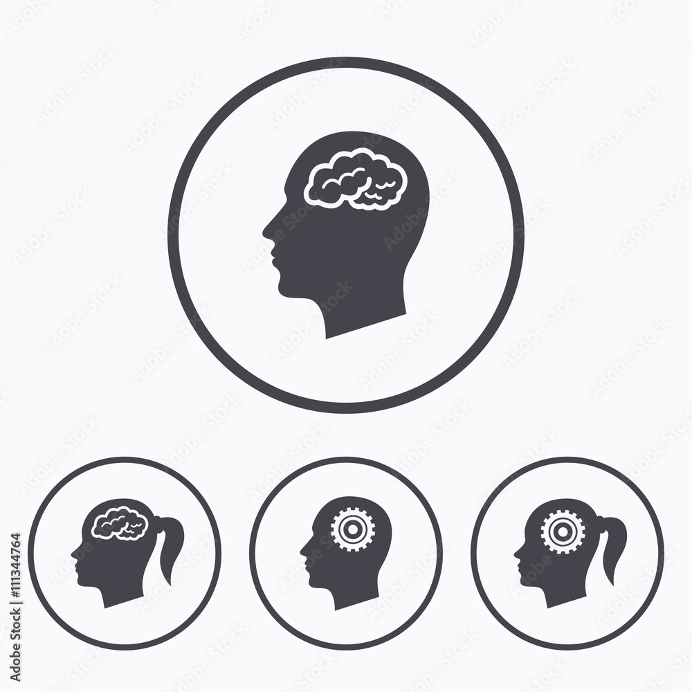 Head with brain icon. Male and female human symbols. Head with brain icon. Male and female human symbols.
