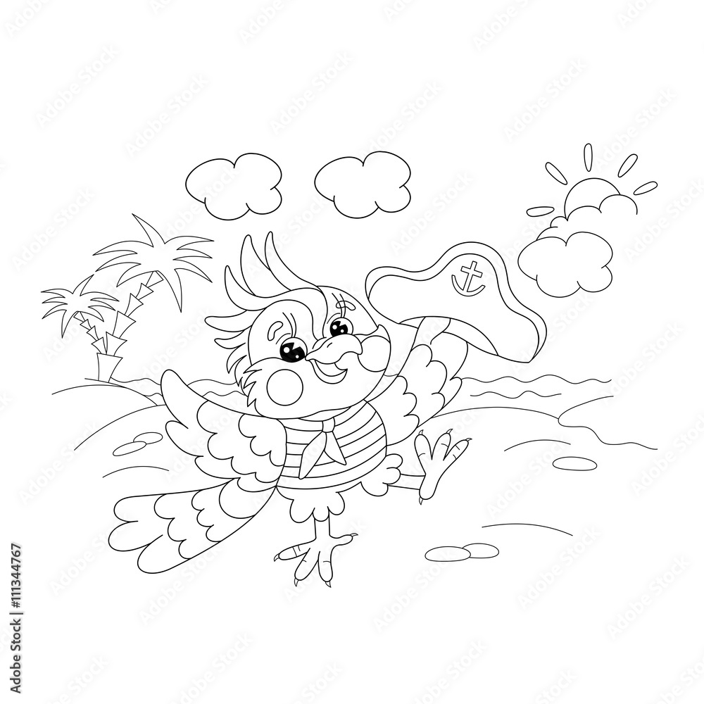 Fototapeta premium Coloring Page Outline Of joyful parrot sailor on the island