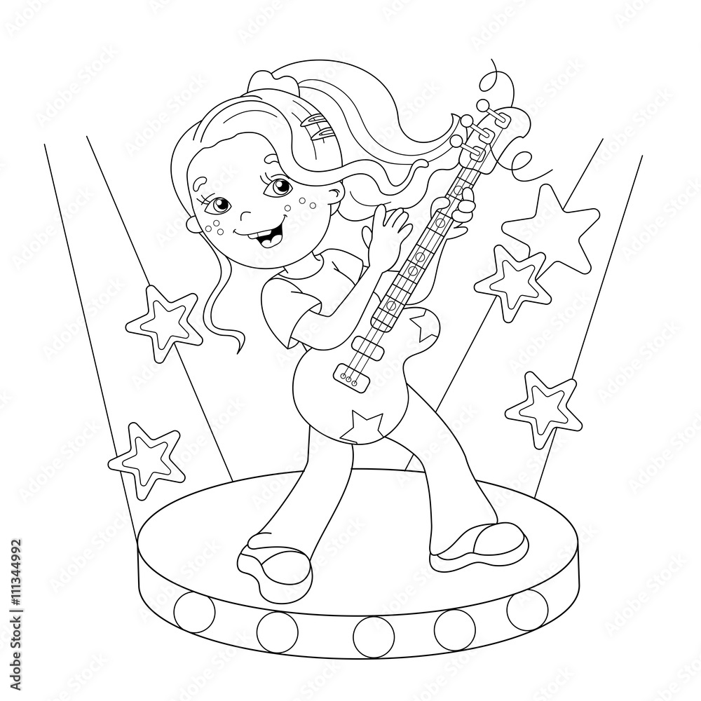 Coloring Page Outline Of girl playing the guitar on stage Stock Vector |  Adobe Stock