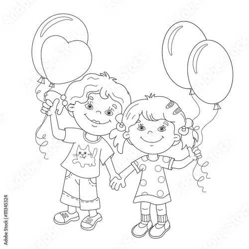Coloring Page Outline Of cartoon girls with balloons
