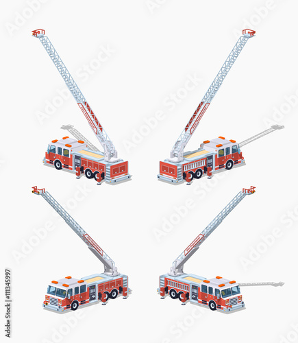 Fire truck. 3D lowpoly isometric vector illustration. The set of objects isolated against the white background and shown from different sides