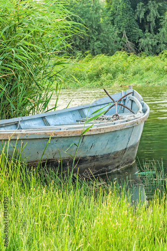 Old fishing boat in the reeds on the river