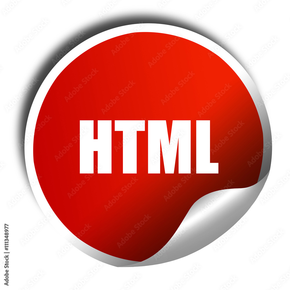 html, 3D rendering, red sticker with white text html, 3D rendering, red sticker with white text