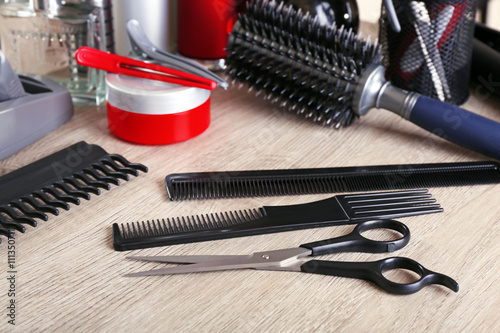 Professional hairdresser tools on table