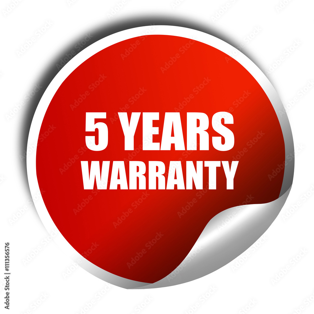 5 years warranty, 3D rendering, red sticker with white text 5 years warranty, 3D rendering, red sticker with white text
