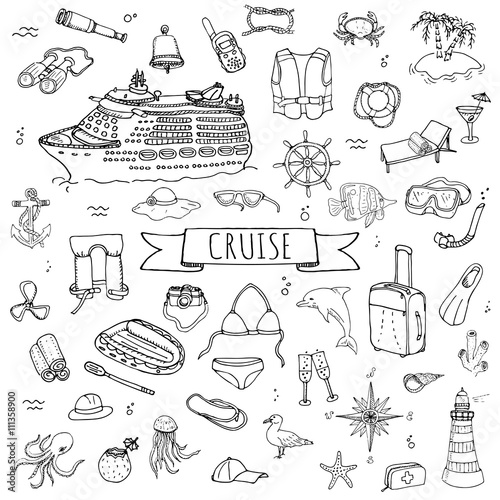 Hand drawn doodle Cruise vacation icons set Vector illustration summer adventure emblem collection Cartoon cruise liner concept elements Sea symbols Marine concept with Cruise Ship Summertime Elements