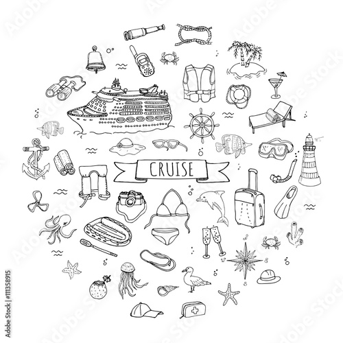 Hand drawn doodle Cruise vacation icons set Vector illustration summer adventure emblem collection Cartoon cruise liner concept elements Sea symbols Marine concept with Cruise Ship Summertime Elements