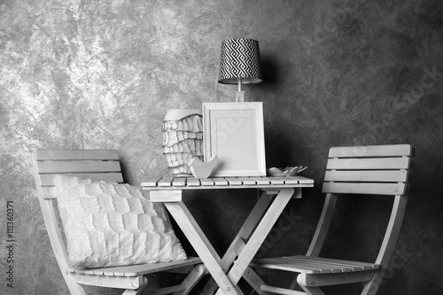 Home decor on table on grey...