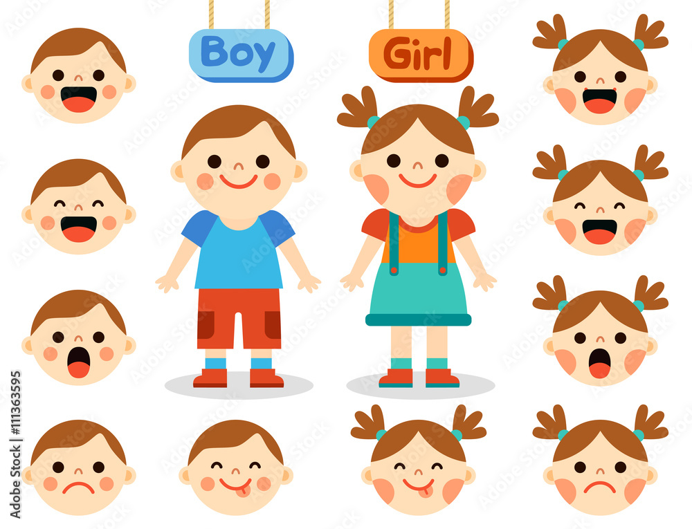 Cute girl and boy with faces showing different emotions Cute girl and boy with faces showing different emotions