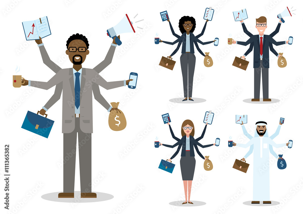 Multitasking african american, caucasian and arabian businessmen and women on white background. Successful businessmen. Workaholic. Talented and professional. Leadership. Set.
