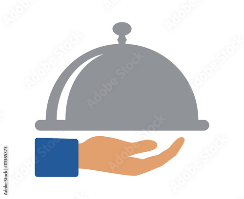 Waiter hand holding cloche serving plate flat color icon for food apps and websites