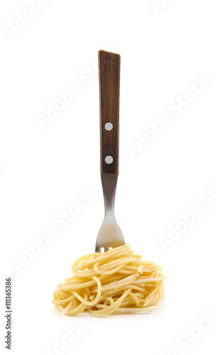 Cooked spaghetti with fork, isolated on white