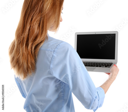 Young woman in blue shirt u...
