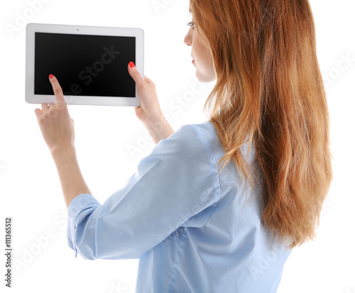 Young woman in blue shirt u...