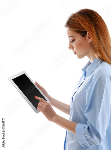 Young woman in blue shirt u...