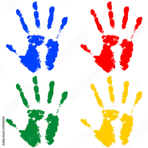 blue, red, green, yellow hand prints on a white background