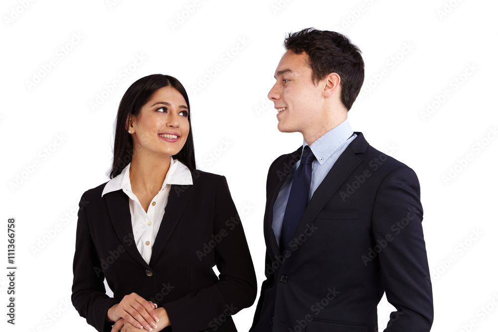 Young Caucasian business man is smiling at a business woman Young Caucasian business man is smiling at a business woman