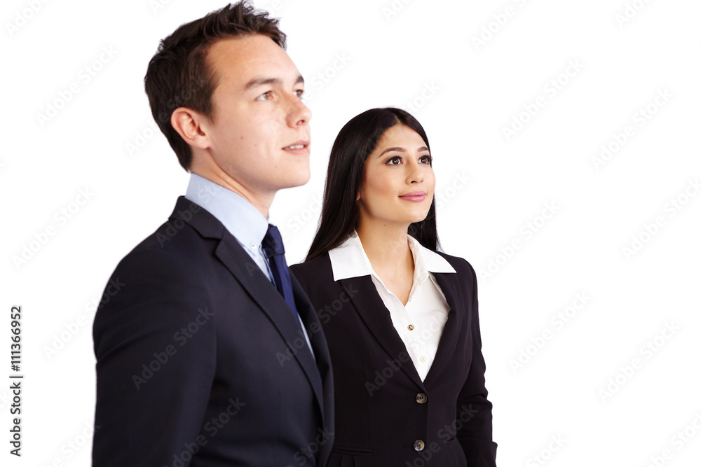 Young male business man and female business woman standing toget Young male business man and female business woman standing toget