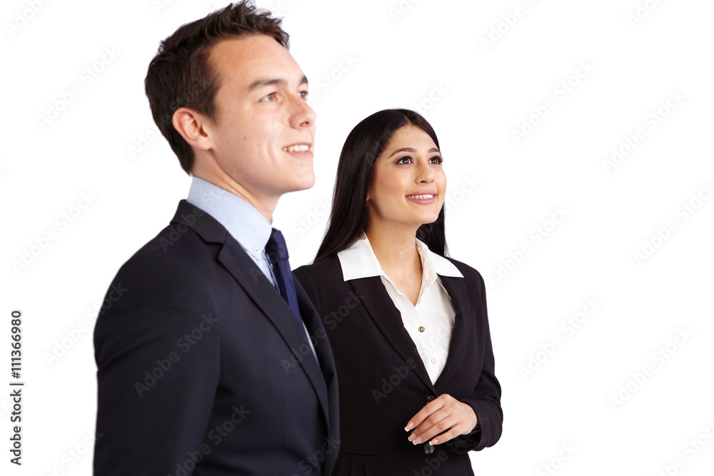 Young male business man and female business woman standing toget Young male business man and female business woman standing toget
