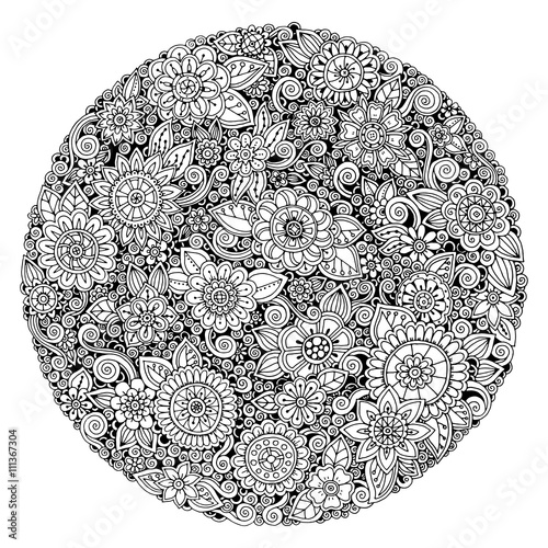 Black and white circle flower ornament, ornamental round lace design. Floral mandala. Hand drawn ink pattern made by trace from personal sketch.
