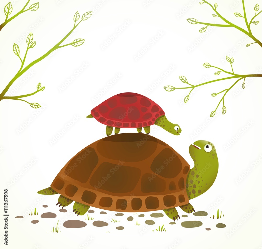 Obraz premium Turtle Mother and Baby Childish Animal Cartoon