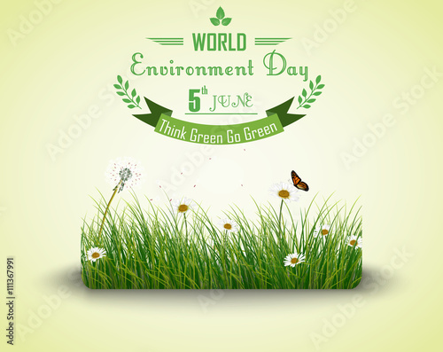 Green grass with flowers and butterflies isolated background for world environment day