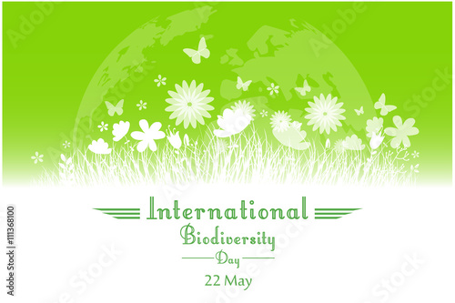 International Biodiversity Day background with flower, butterflies and grass silhouette