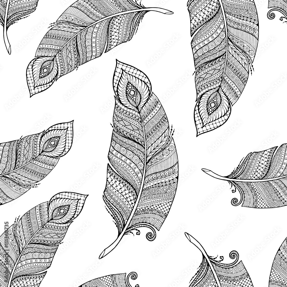Seamless asian ethnic floral retro doodle black and white background ...