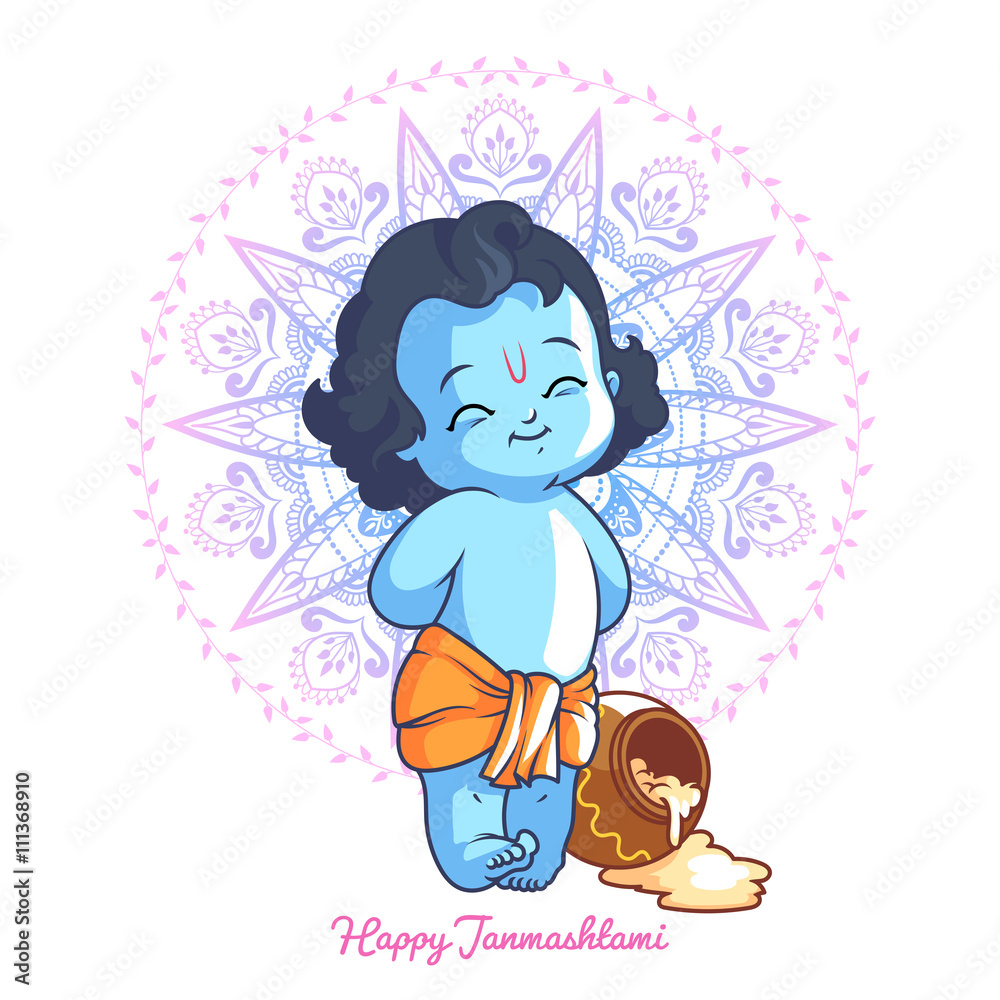 Little cartoon Krishna with a pot of butter. Stock Vector | Adobe Stock