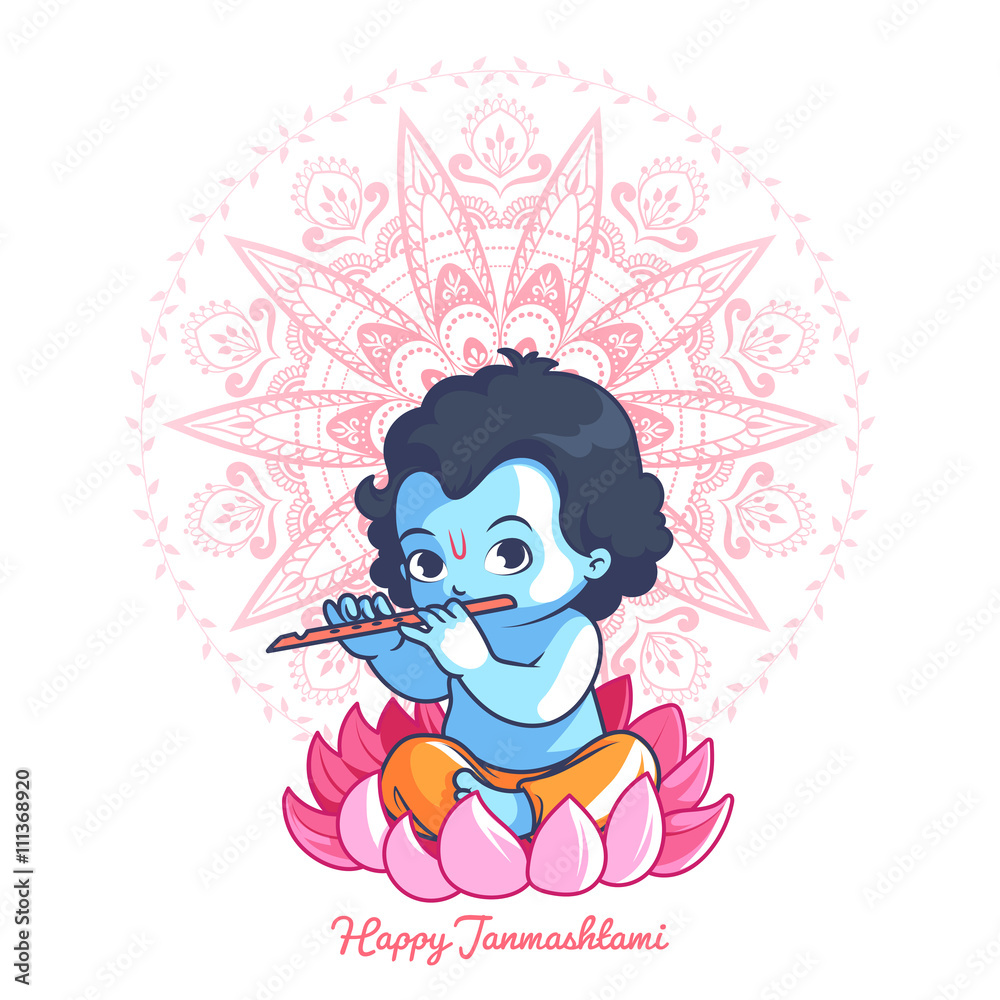 Little cartoon Krishna with a flute on the lotus. Stock Vector | Adobe Stock